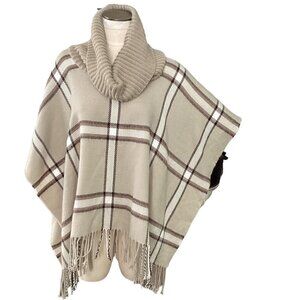 APT 9 Plaid Poncho Ribbed Knit Cowl Neck Fringed Hem One Size Beige 219C